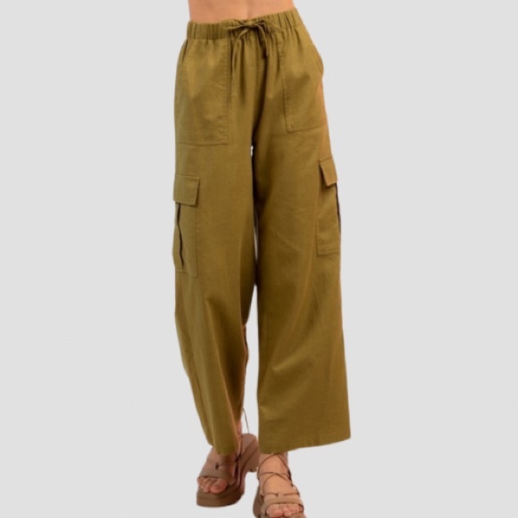 High Waisted Woven Draw String Wide Leg Cargo Pants - Picture 2 of 6